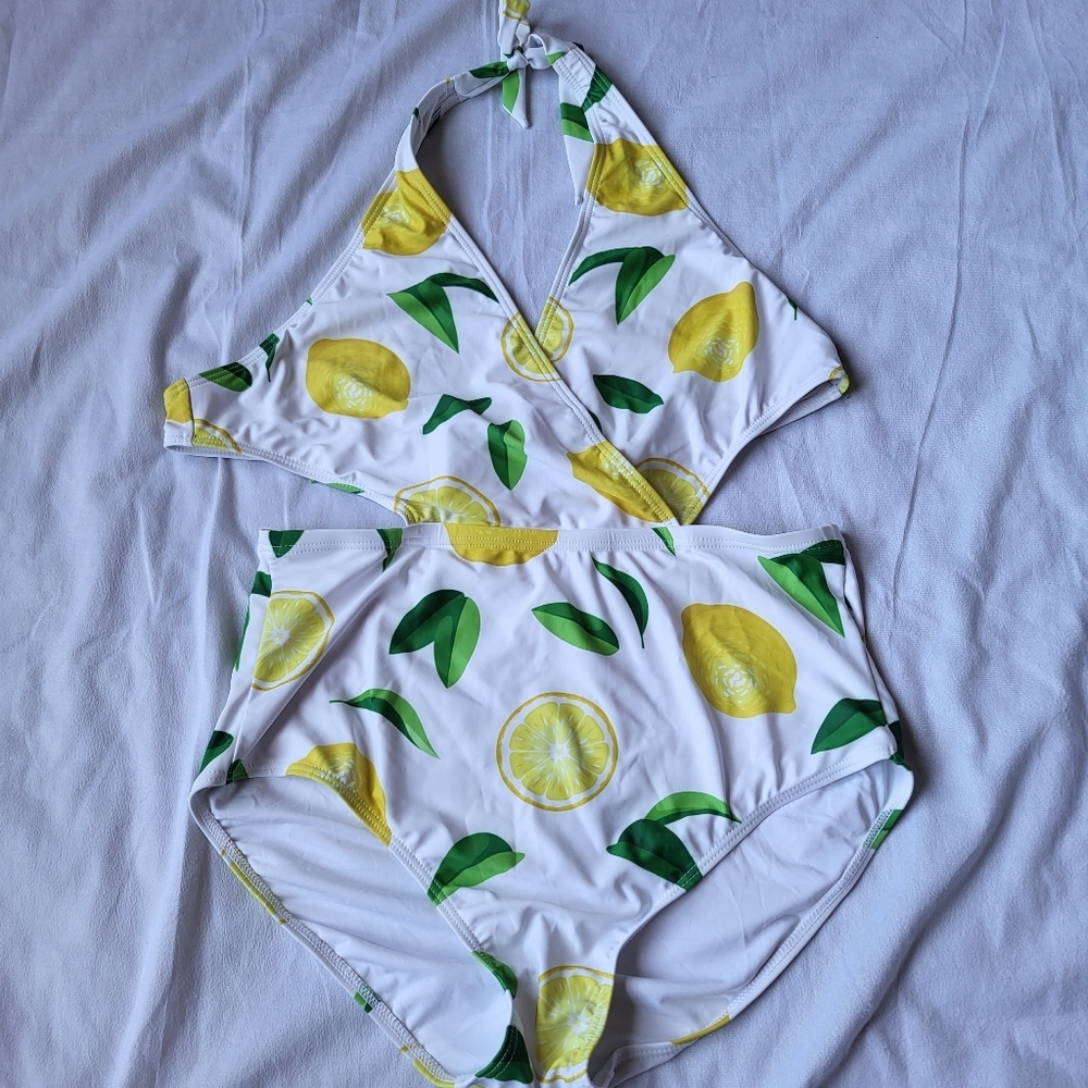 Zeraca One Piece Lemon Print Swimsuit With Halter Tie & Tie Back Size Large